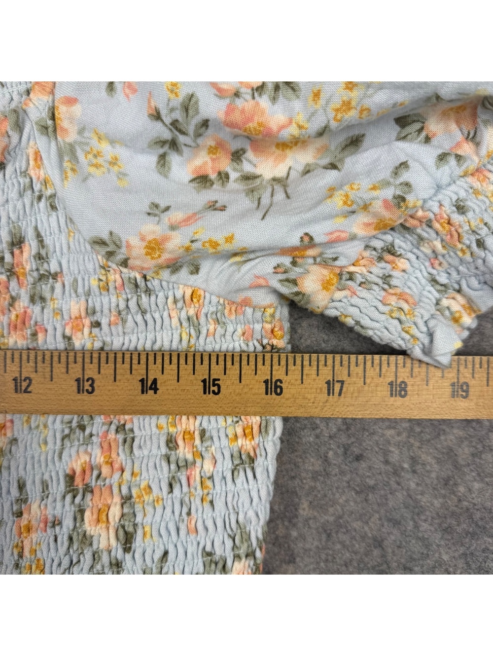 American Eagle Tiered Mini Dress Bodice Puff Sleeves Blue Peach Floral Large 705 - Picture 2 of 6